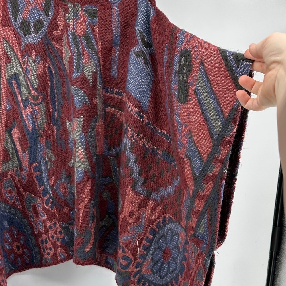 A&F Cottagecore Western Whimsgoth Boho Art Burgundy/Blue Patterned Poncho SzOS - Picture 7 of 12